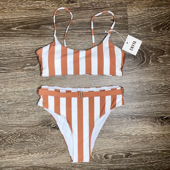 New XS Fashion Nova Vacation Stripes‎ 2 Piece Bikini Tan Rust Hi Cut Swim Set - Picture 2 of 5